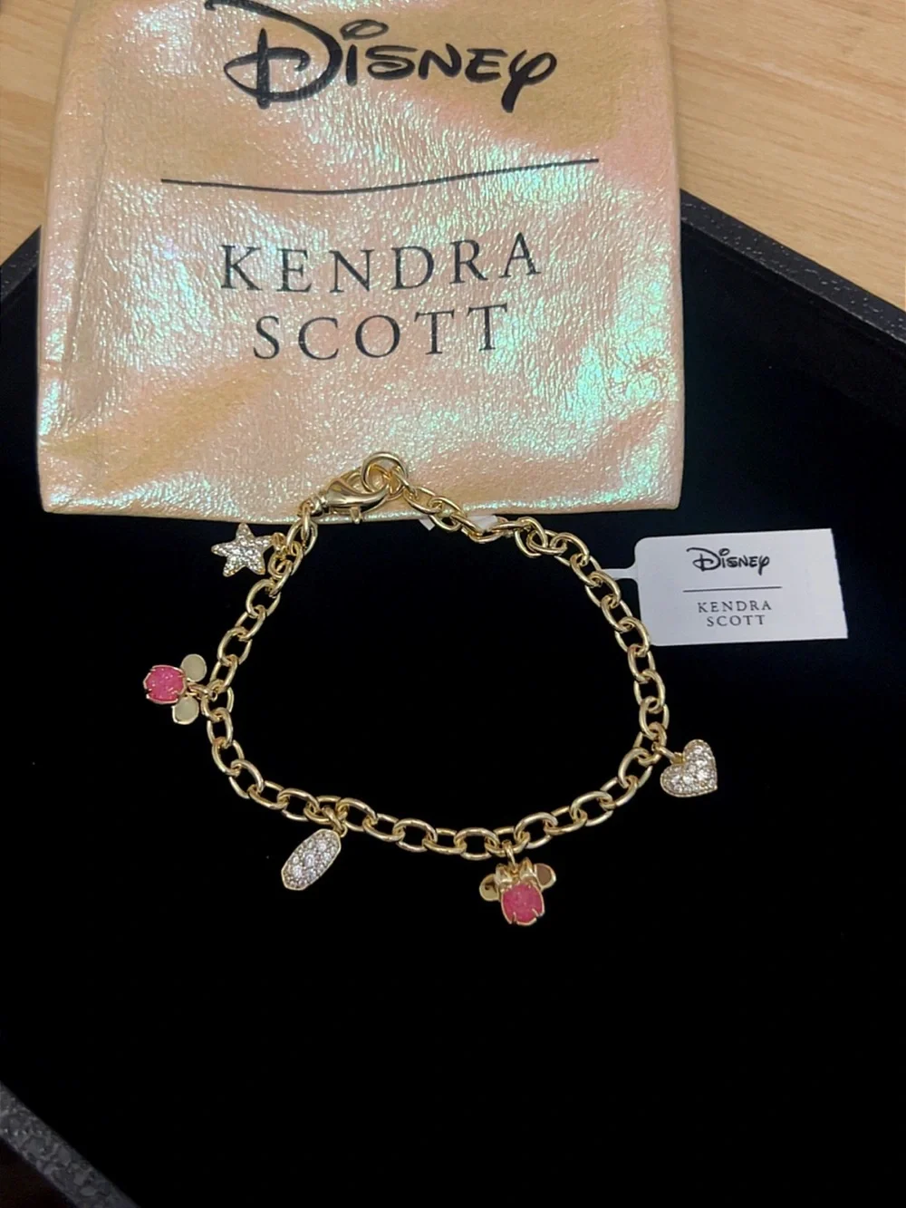 Gold Kendra Scott Disney Pink Minnie Charm Bracelet with Crystal Accents